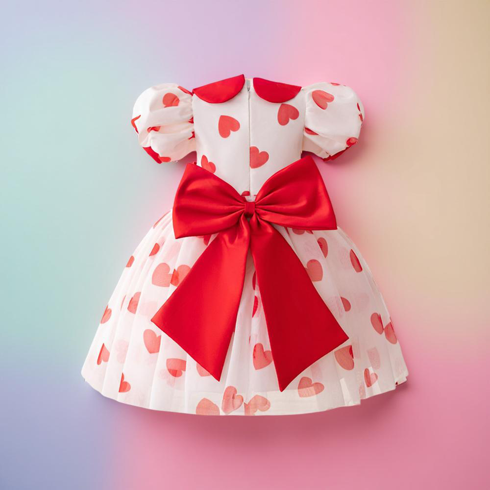 Girls Red Heart Princess Party Dress with Bow – Puff Sleeve Valentine’s Tulle Gown