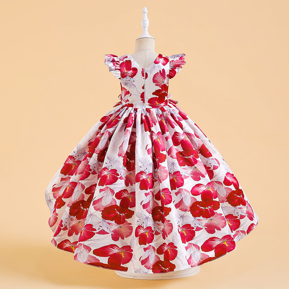 Girls Elegant Floral Party Dress – Red & White