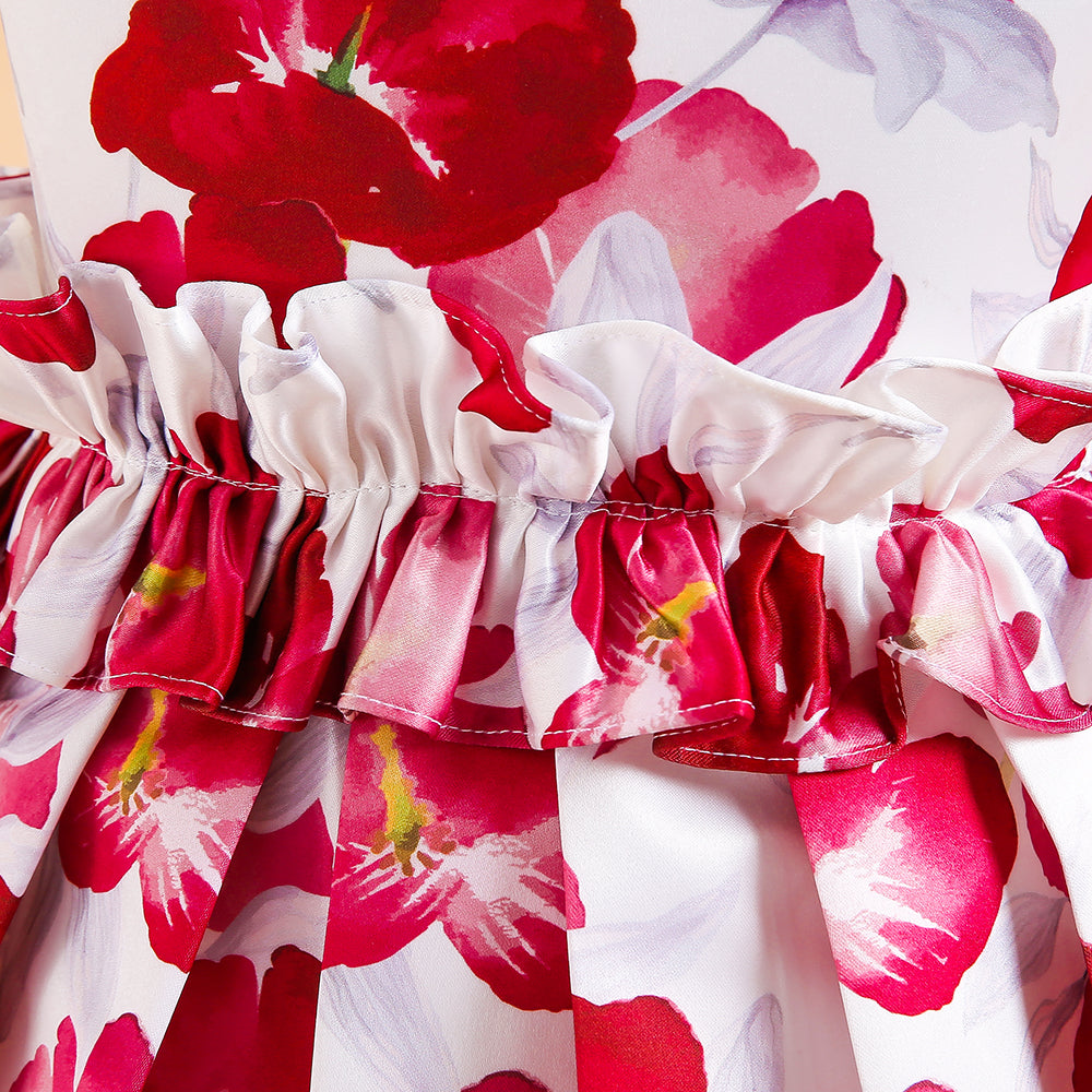 Girls Elegant Floral Party Dress – Red & White