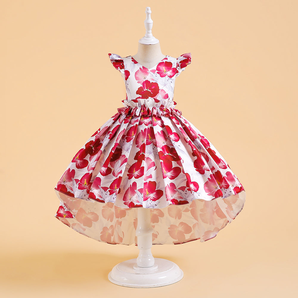 Girls Elegant Floral Party Dress – Red & White