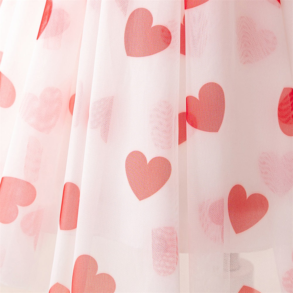 Girls Red Heart Princess Party Dress with Bow – Puff Sleeve Valentine’s Tulle Gown