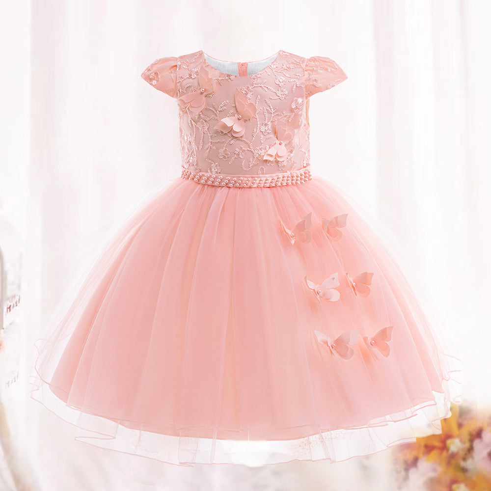Girls Peach Butterfly Lace Tulle Party Dress for Special Occasions