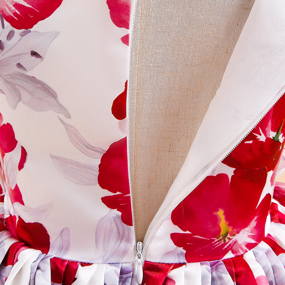 Girls Elegant Floral Party Dress – Red & White