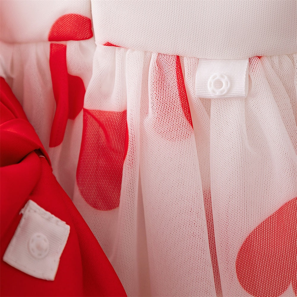 Girls Red Heart Princess Party Dress with Bow – Puff Sleeve Valentine’s Tulle Gown