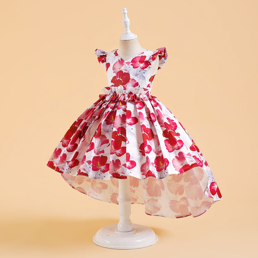 Girls Elegant Floral Party Dress – Red & White