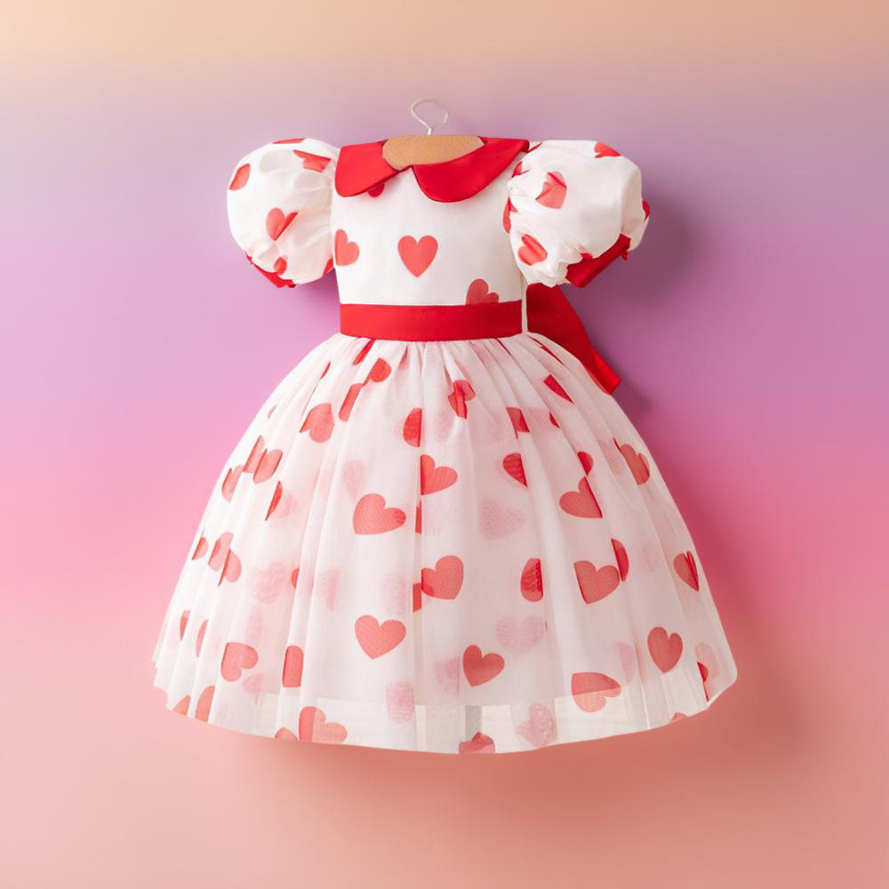 Girls Red Heart Princess Party Dress with Bow – Puff Sleeve Valentine’s Tulle Gown