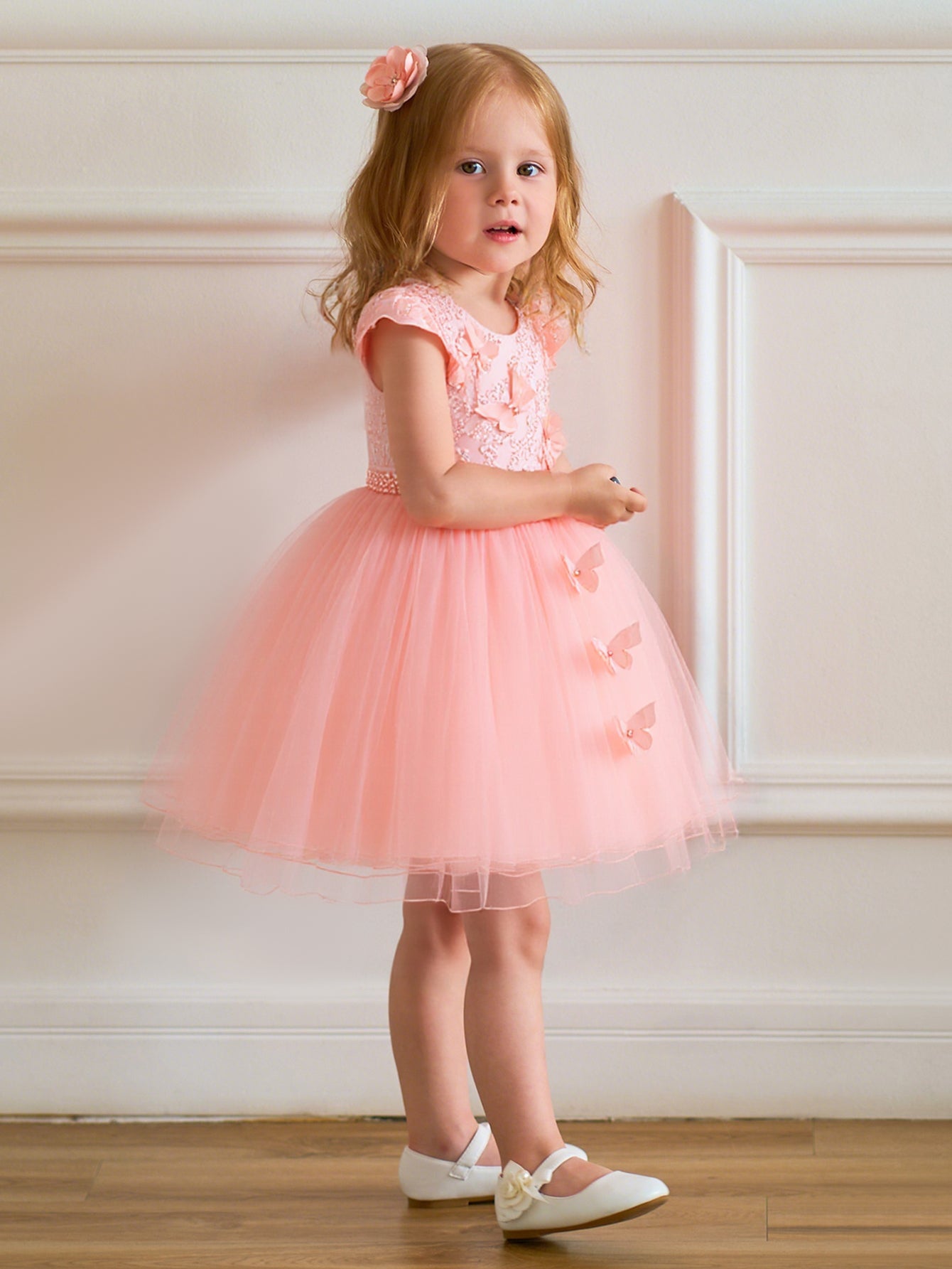 Girls Peach Butterfly Lace Tulle Party Dress for Special Occasions