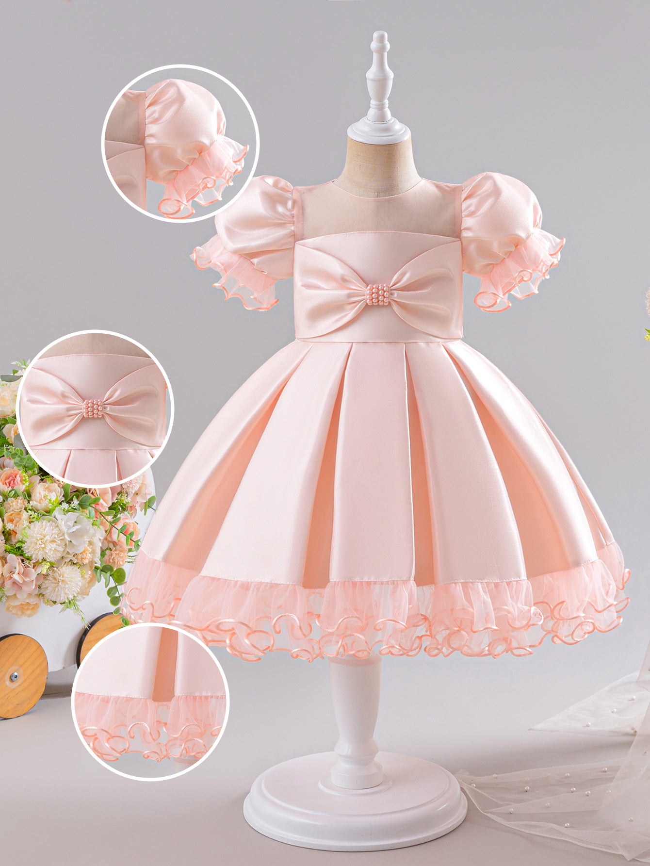 Peach Blossom Princess Dress – Puffy Sleeve Party & Flower Girl Outfit