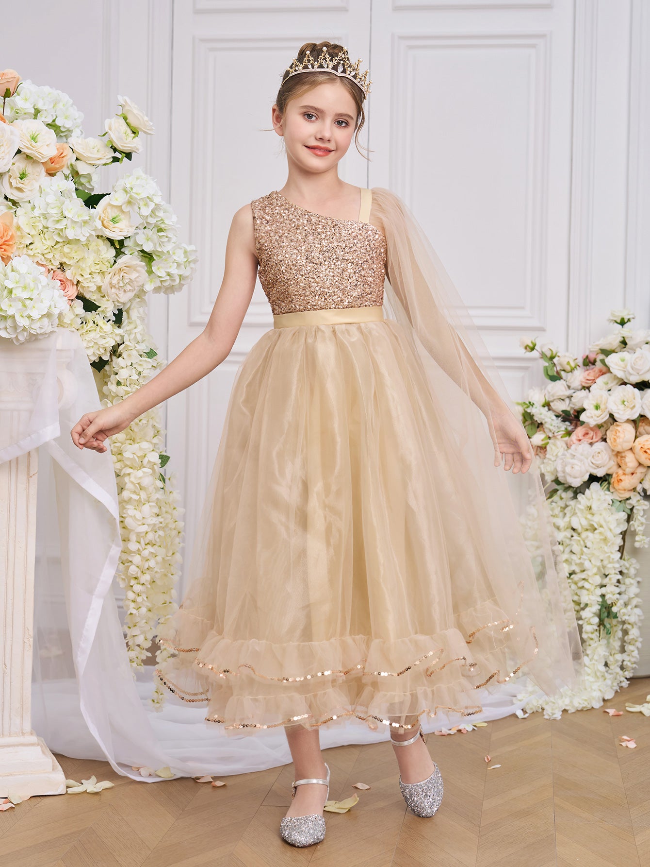 Golden Princess Sequin Gown with Cape – Kids Special Occasion Dress