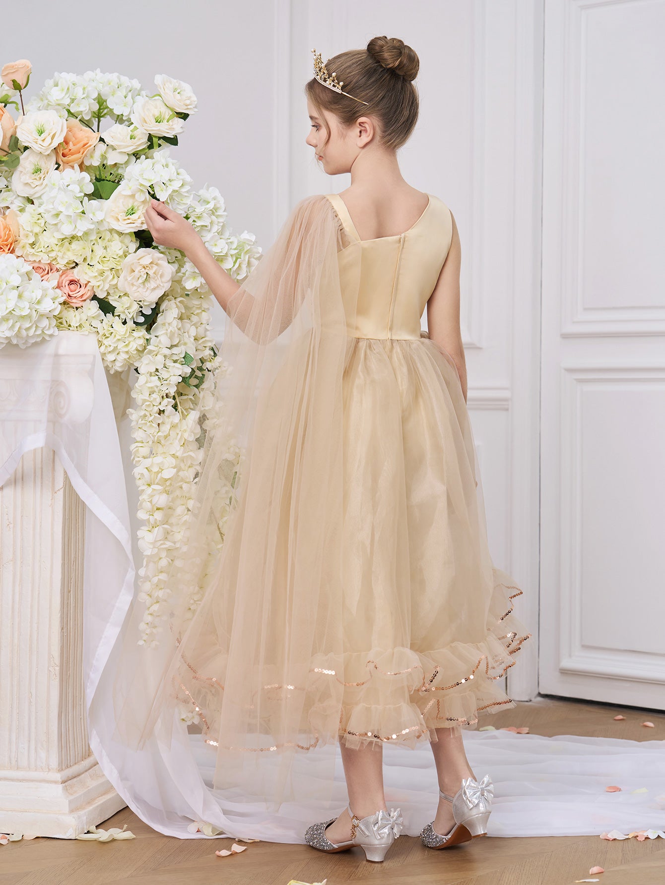 Golden Princess Sequin Gown with Cape – Kids Special Occasion Dress