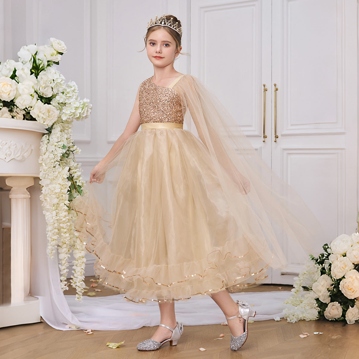 Golden Princess Sequin Gown with Cape – Kids Special Occasion Dress