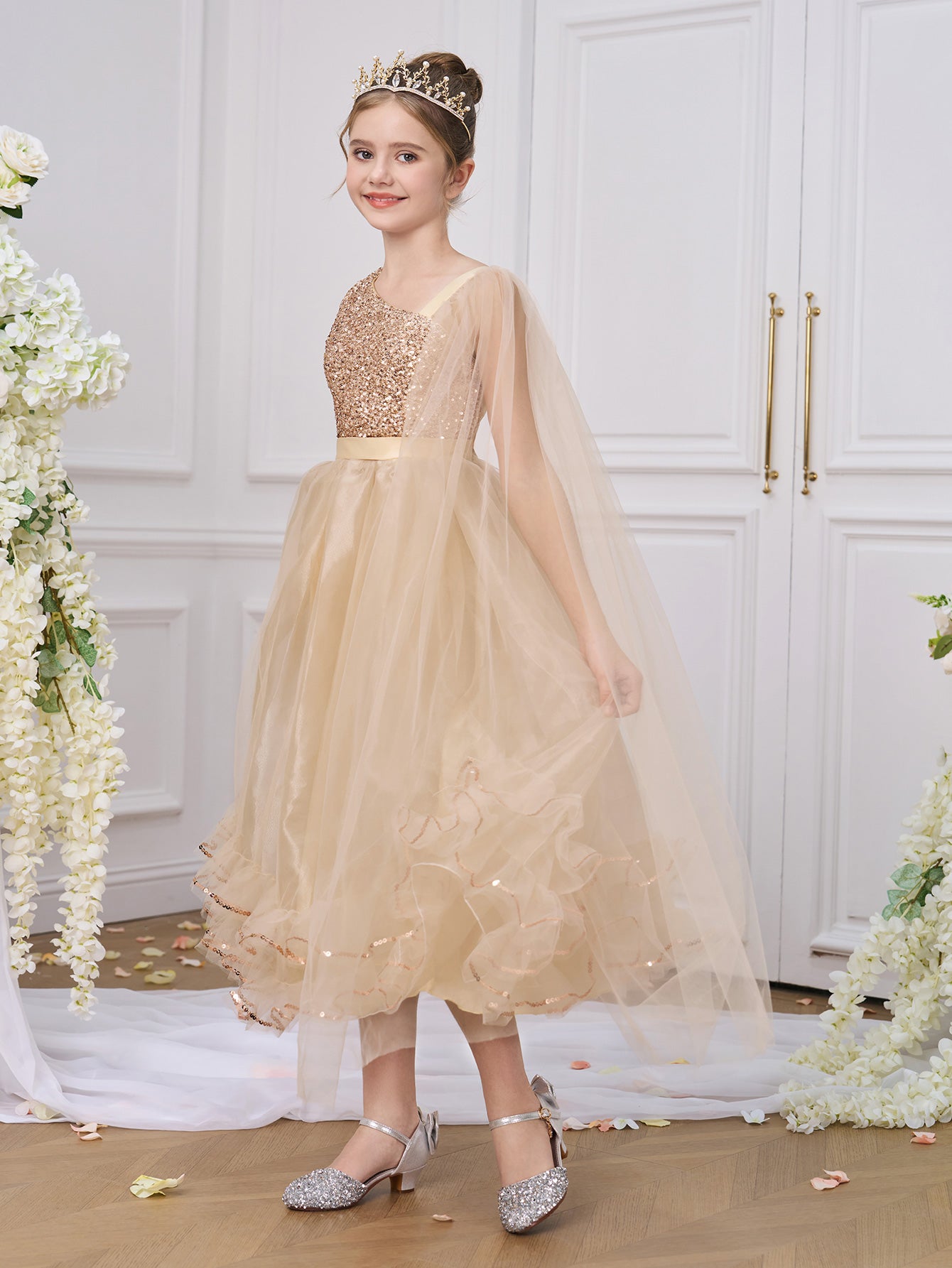 Golden Princess Sequin Gown with Cape – Kids Special Occasion Dress