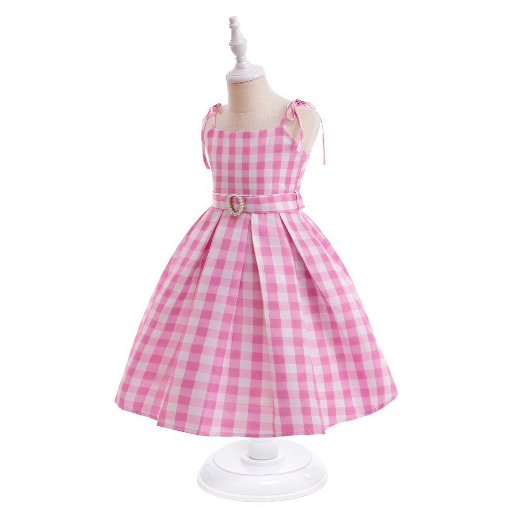 Girls Pink Gingham Party Dress with Pearl Belt