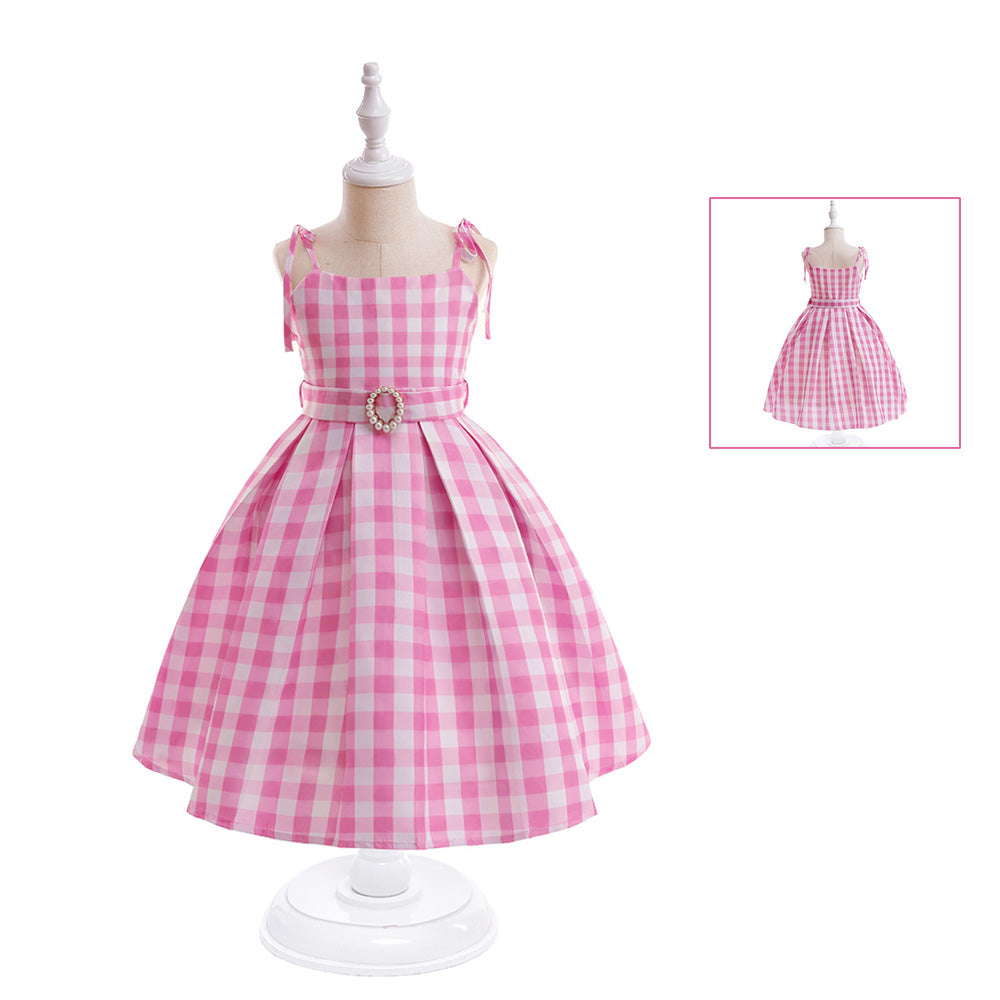 Girls Pink Gingham Party Dress with Pearl Belt