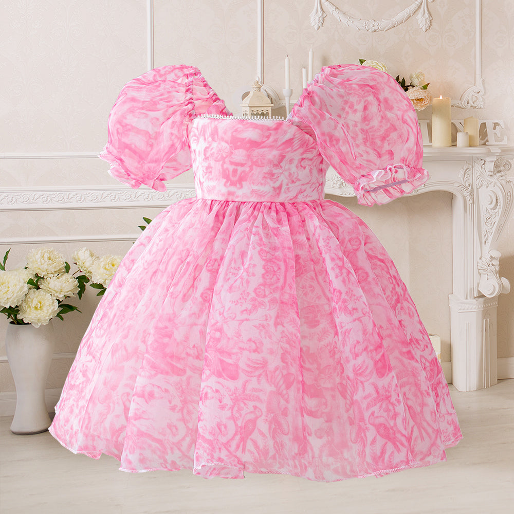 Pink Princess Party Dress with Puffy Sleeves – Elegant Birthday & Special Occasion Gown