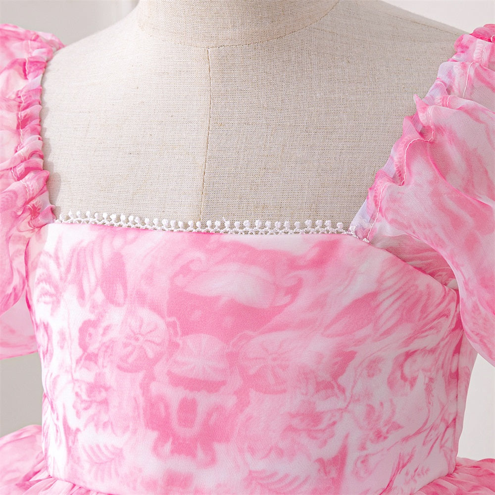 Pink Princess Party Dress with Puffy Sleeves – Elegant Birthday & Special Occasion Gown