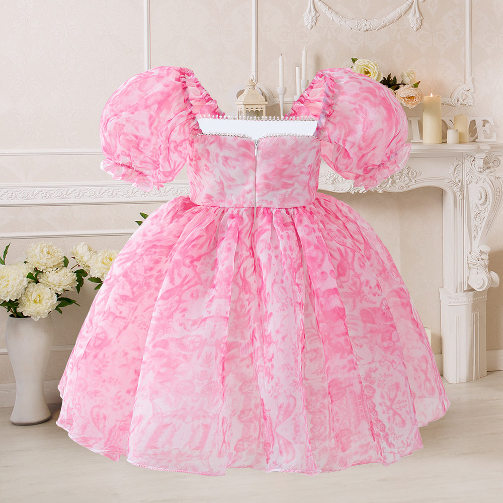 Pink Princess Party Dress with Puffy Sleeves – Elegant Birthday & Special Occasion Gown