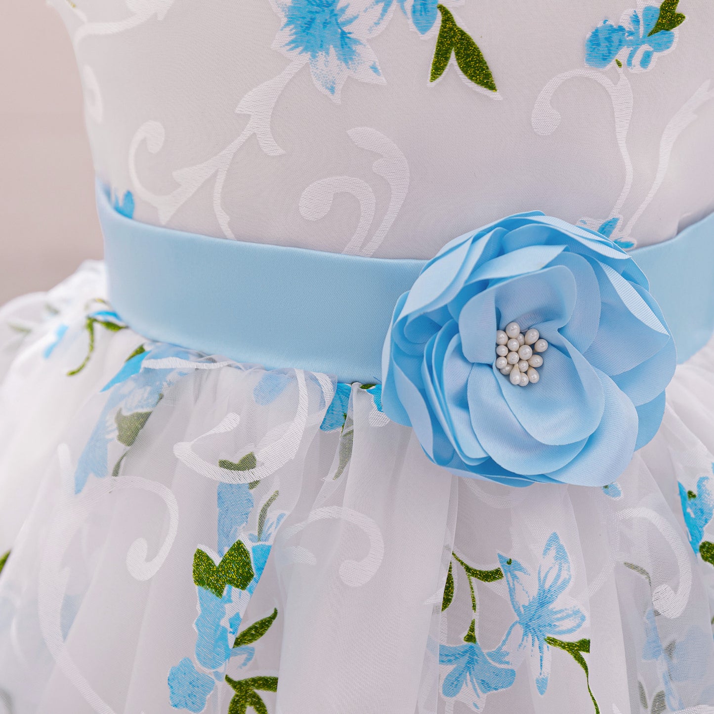 Girls White & Blue Floral Party Dress with Bow and Flower Belt – Elegant Summer Outfit