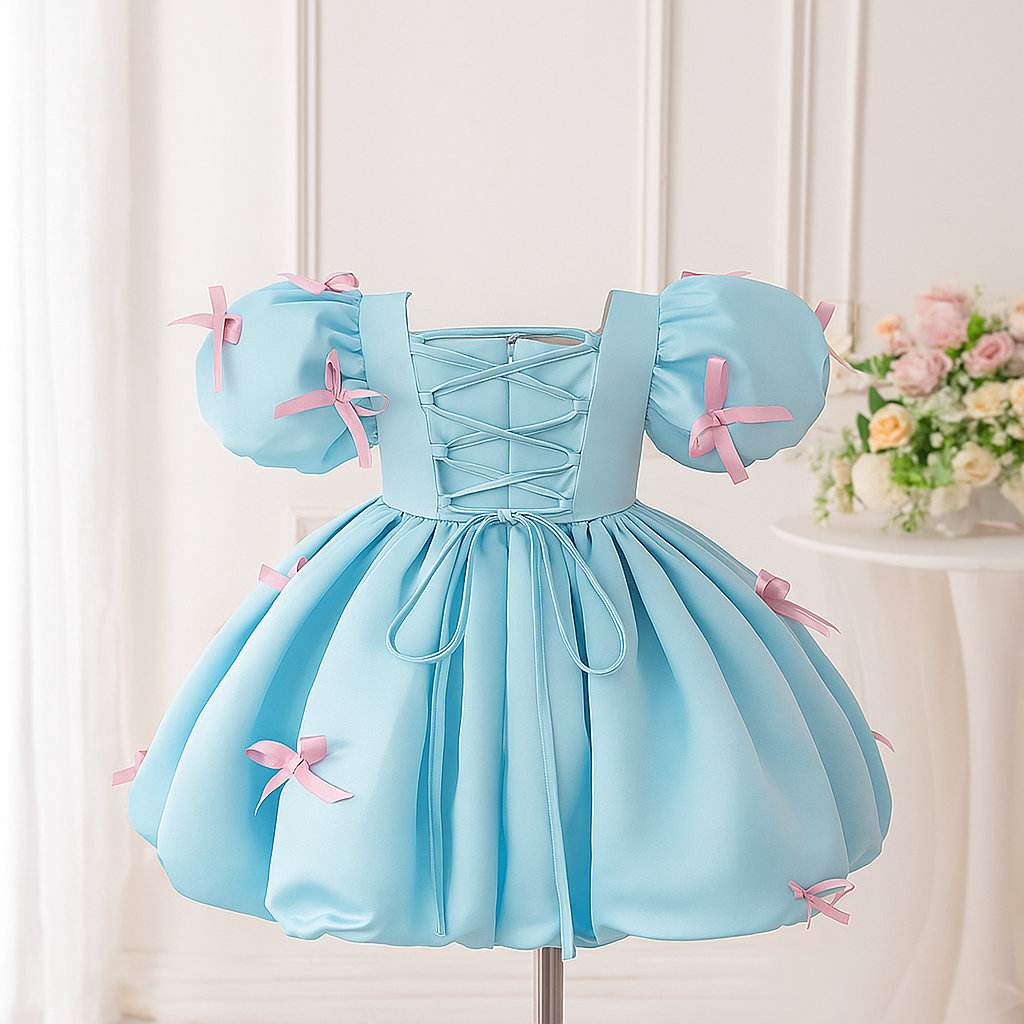 Princess Puff Sleeve Party Dress – Sky Blue with Pink Bows