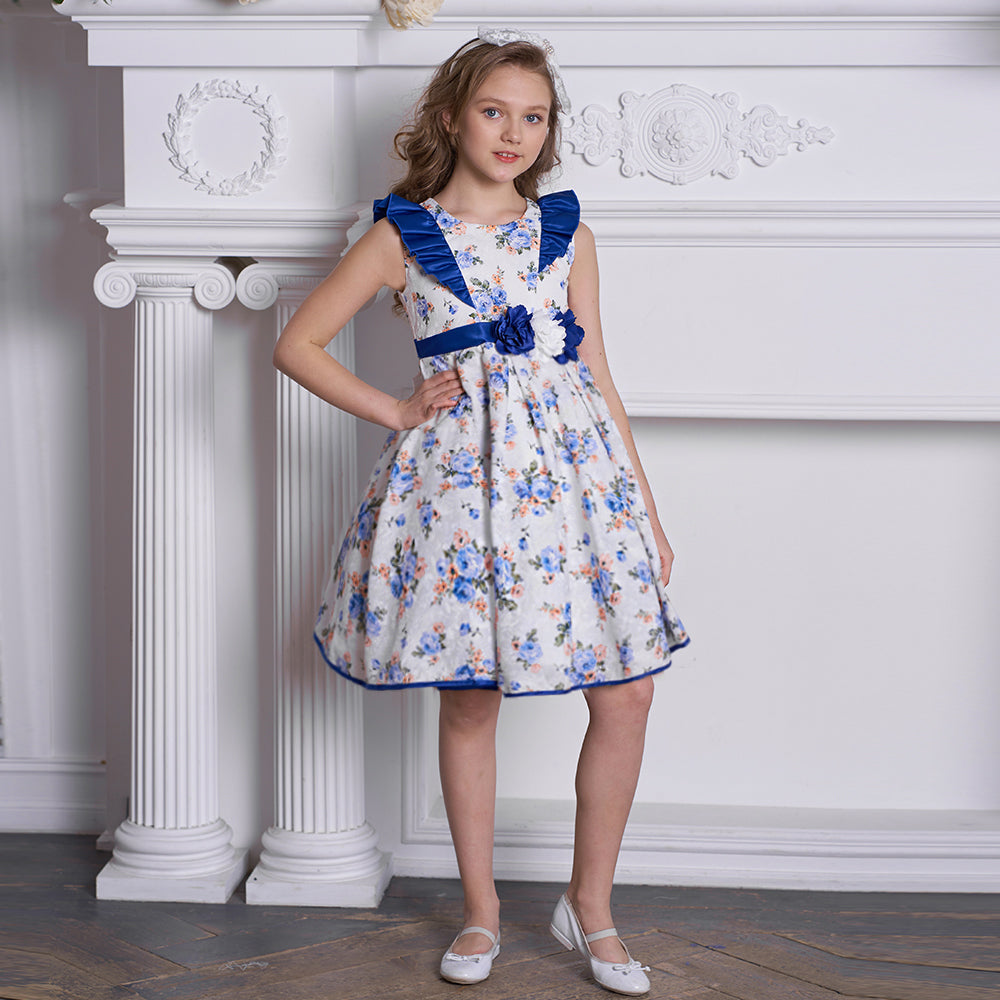 Girls Elegant Floral Party Dress with Blue Satin Accents