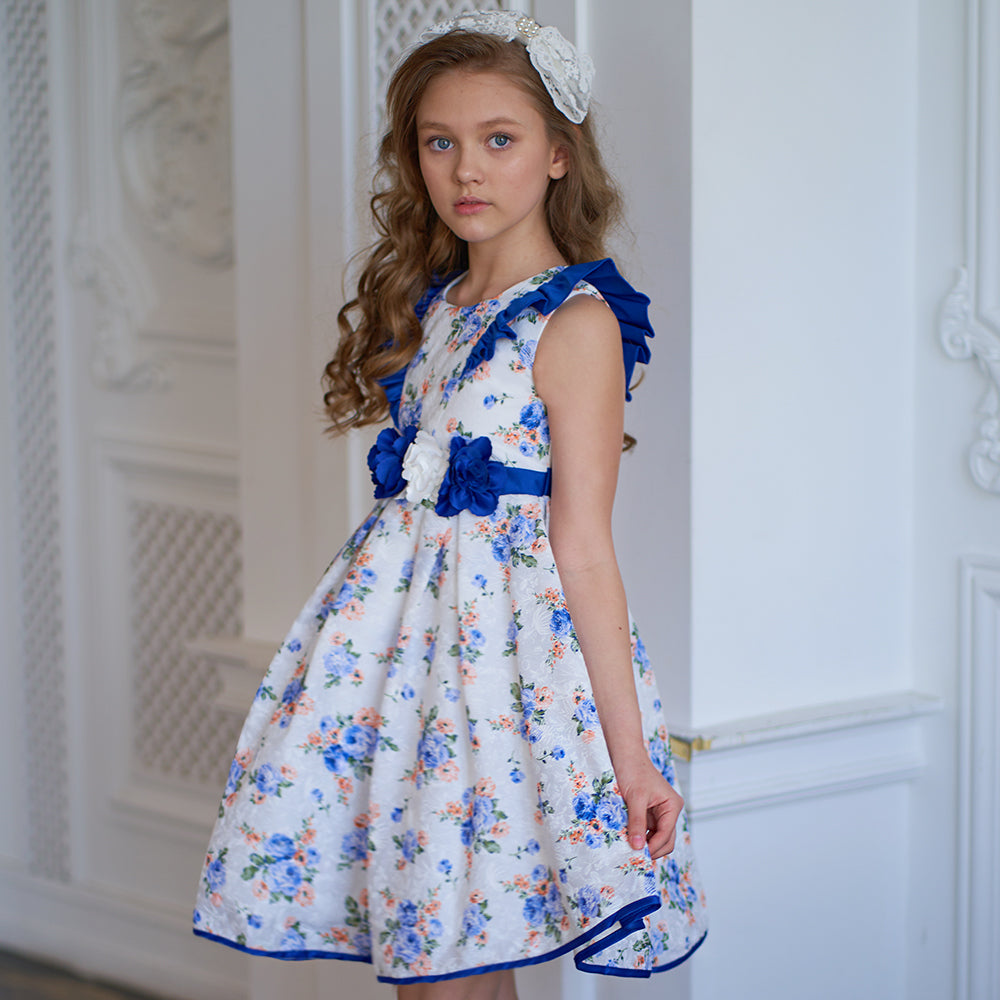 Girls Elegant Floral Party Dress with Blue Satin Accents