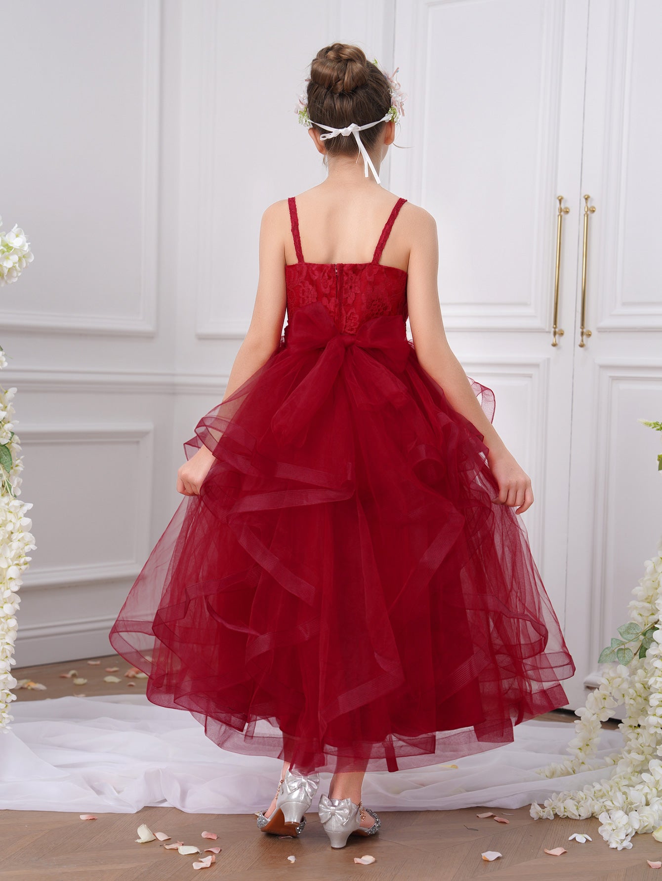 Elegant Burgundy Princess Flower Girl Dress with Lace Bodice & Layered Tulle Skirt