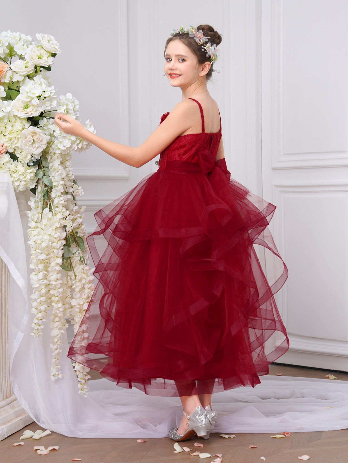 Elegant Burgundy Princess Flower Girl Dress with Lace Bodice & Layered Tulle Skirt
