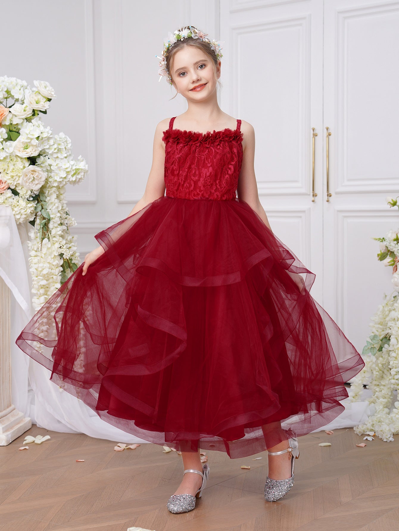 Elegant Burgundy Princess Flower Girl Dress with Lace Bodice & Layered Tulle Skirt