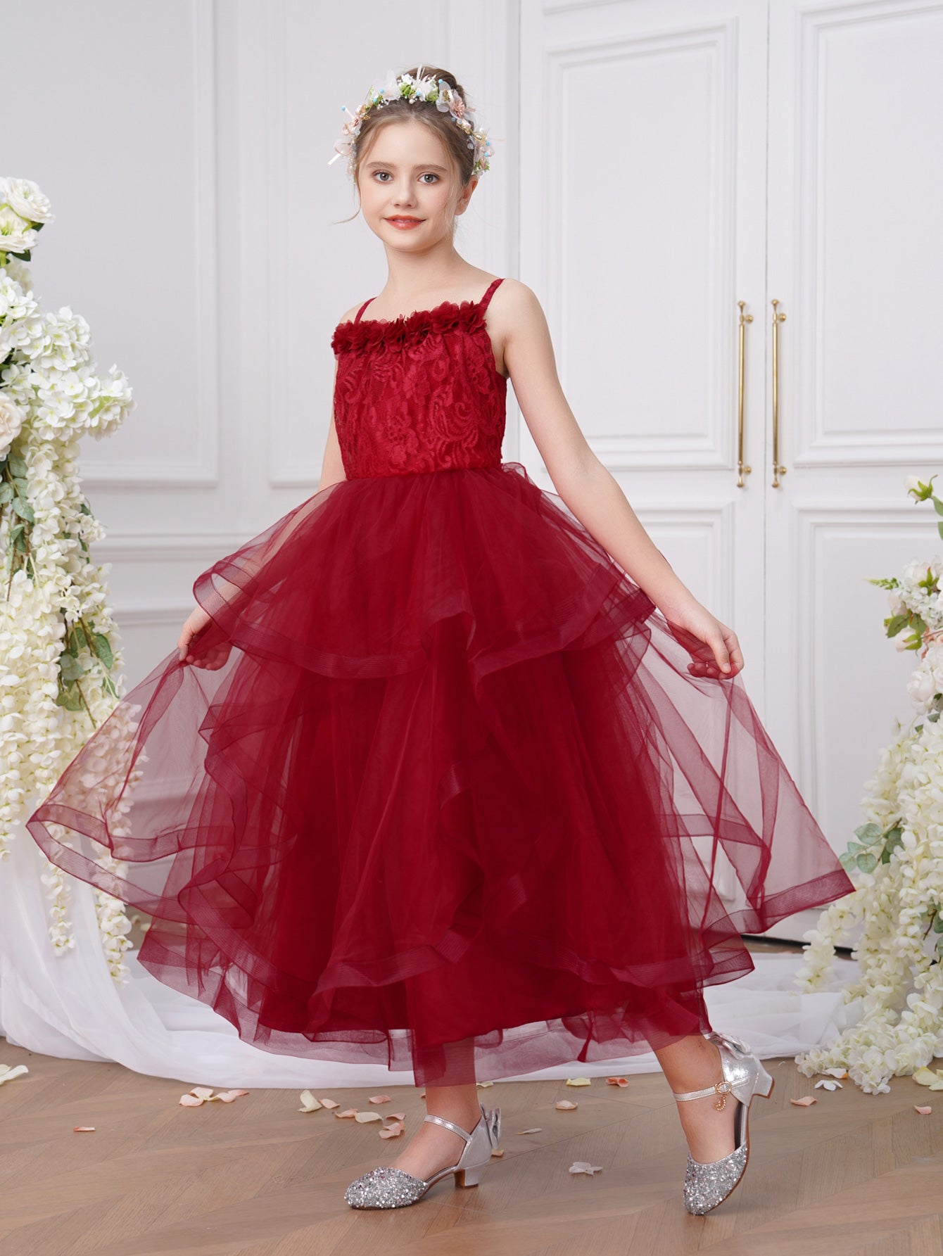 Elegant Burgundy Princess Flower Girl Dress with Lace Bodice & Layered Tulle Skirt