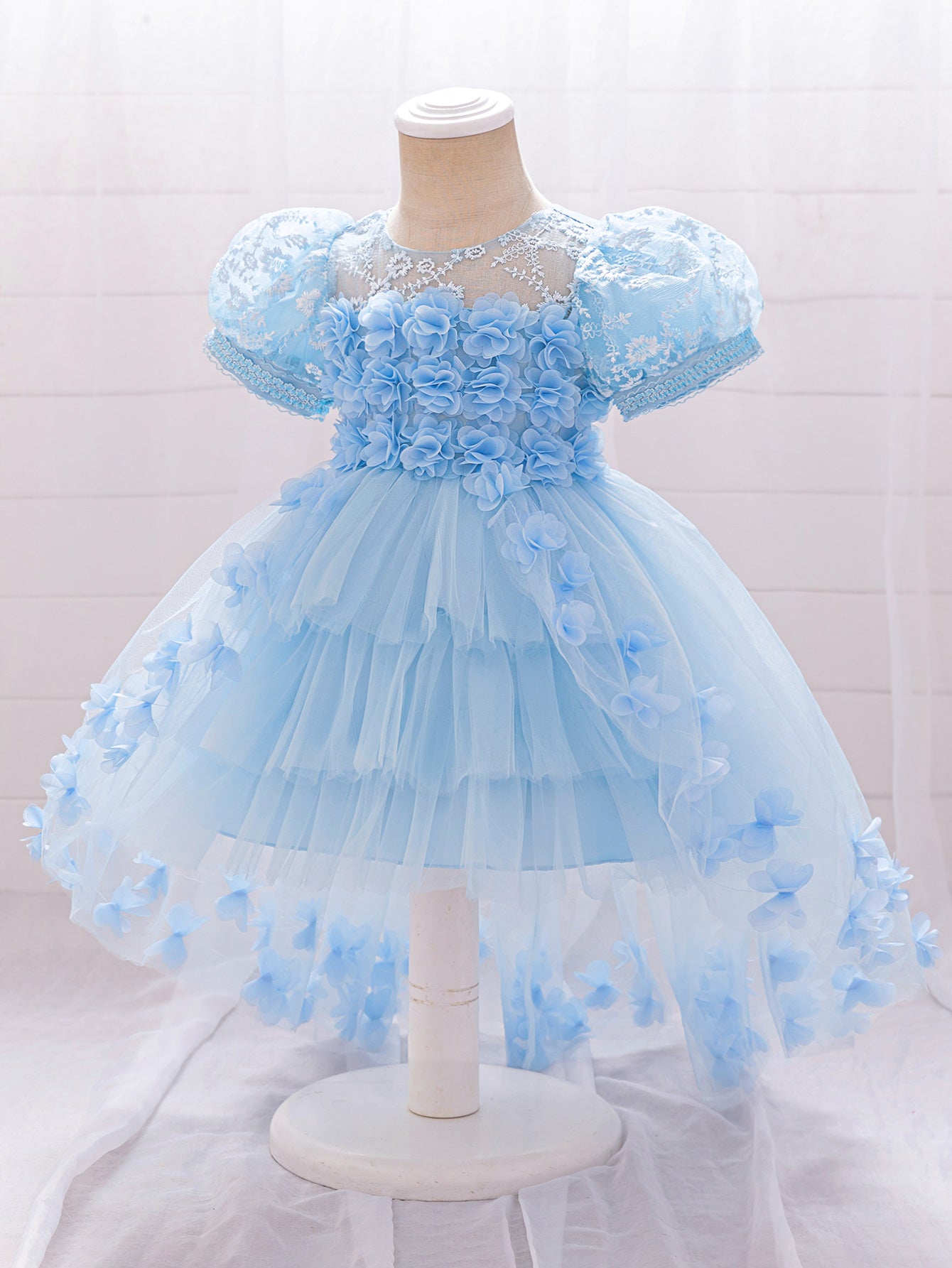 MTN Bee Blue &pink Blossom Princess Dress – 3D Floral & Lace Party Gown for Girls