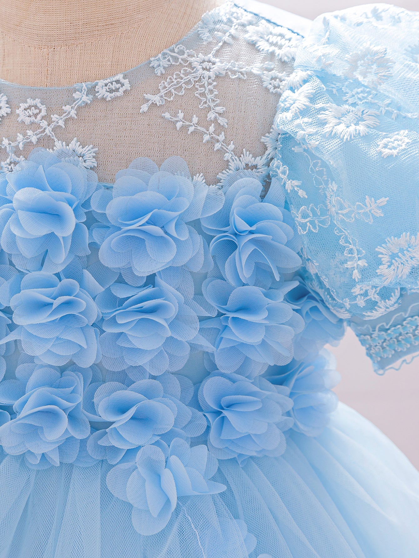MTN Bee Blue &pink Blossom Princess Dress – 3D Floral & Lace Party Gown for Girls