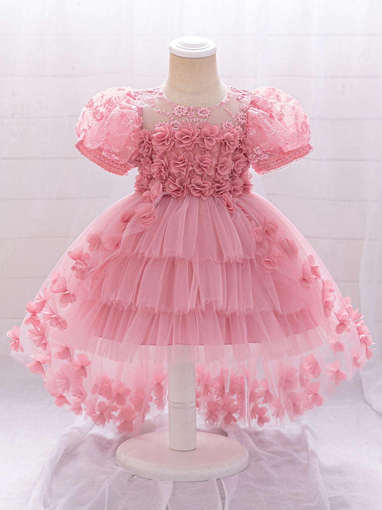MTN Bee Blue &pink Blossom Princess Dress – 3D Floral & Lace Party Gown for Girls