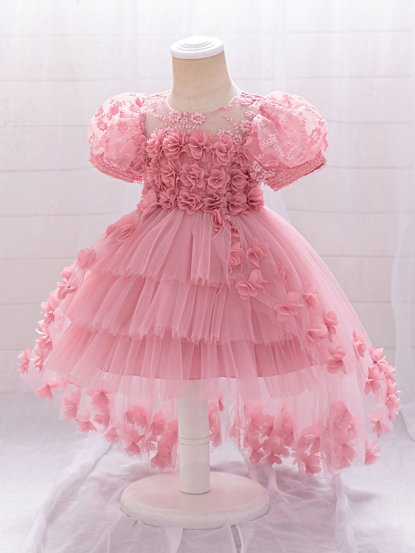 MTN Bee Blue &pink Blossom Princess Dress – 3D Floral & Lace Party Gown for Girls