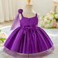 Purple Sequin Party Dress with Bow & Floral Shoulder Detail – Elegant Birthday & Special Occasion Outfit