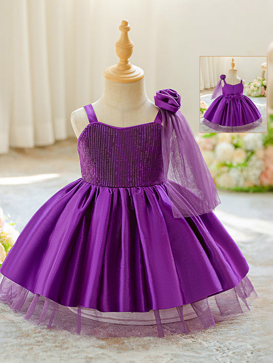 Purple Sequin Party Dress with Bow & Floral Shoulder Detail – Elegant Birthday & Special Occasion Outfit