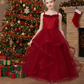 Elegant Burgundy Princess Flower Girl Dress with Lace Bodice & Layered Tulle Skirt