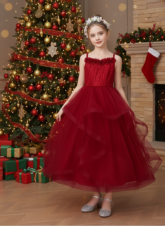 Elegant Burgundy Princess Flower Girl Dress with Lace Bodice & Layered Tulle Skirt