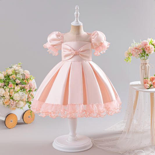 Peach Blossom Princess Dress – Puffy Sleeve Party & Flower Girl Outfit