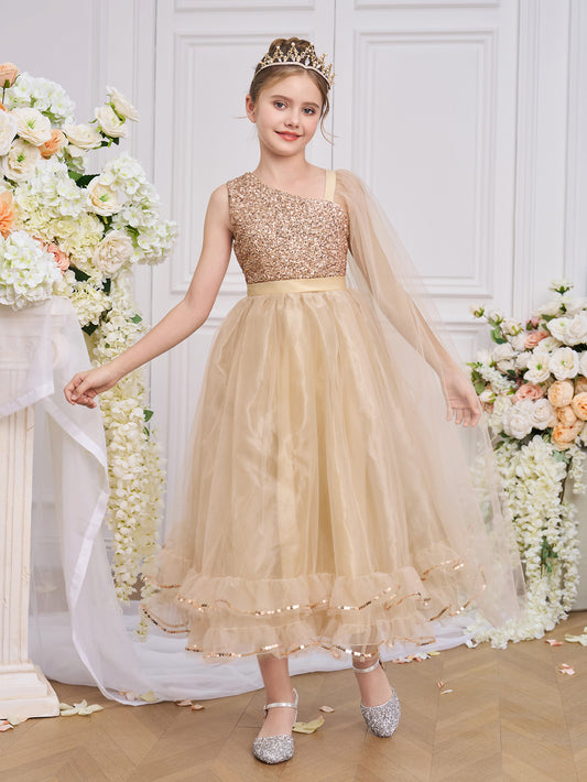Golden Princess Sequin Gown with Cape – Kids Special Occasion Dress