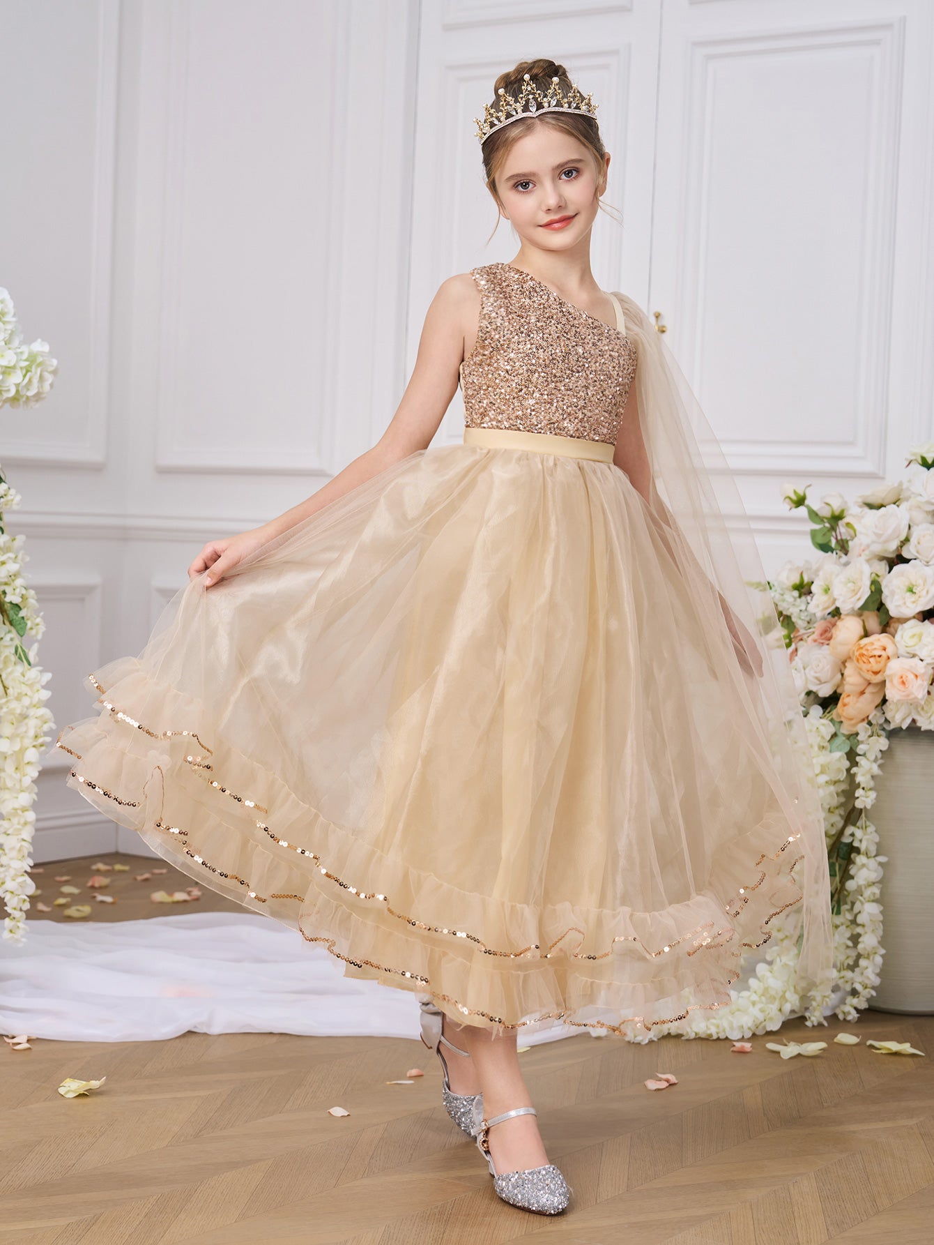 Golden Princess Sequin Gown with Cape – Kids Special Occasion Dress