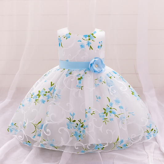 Girls White & Blue Floral Party Dress with Bow and Flower Belt – Elegant Summer Outfit