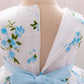 Girls White & Blue Floral Party Dress with Bow and Flower Belt – Elegant Summer Outfit