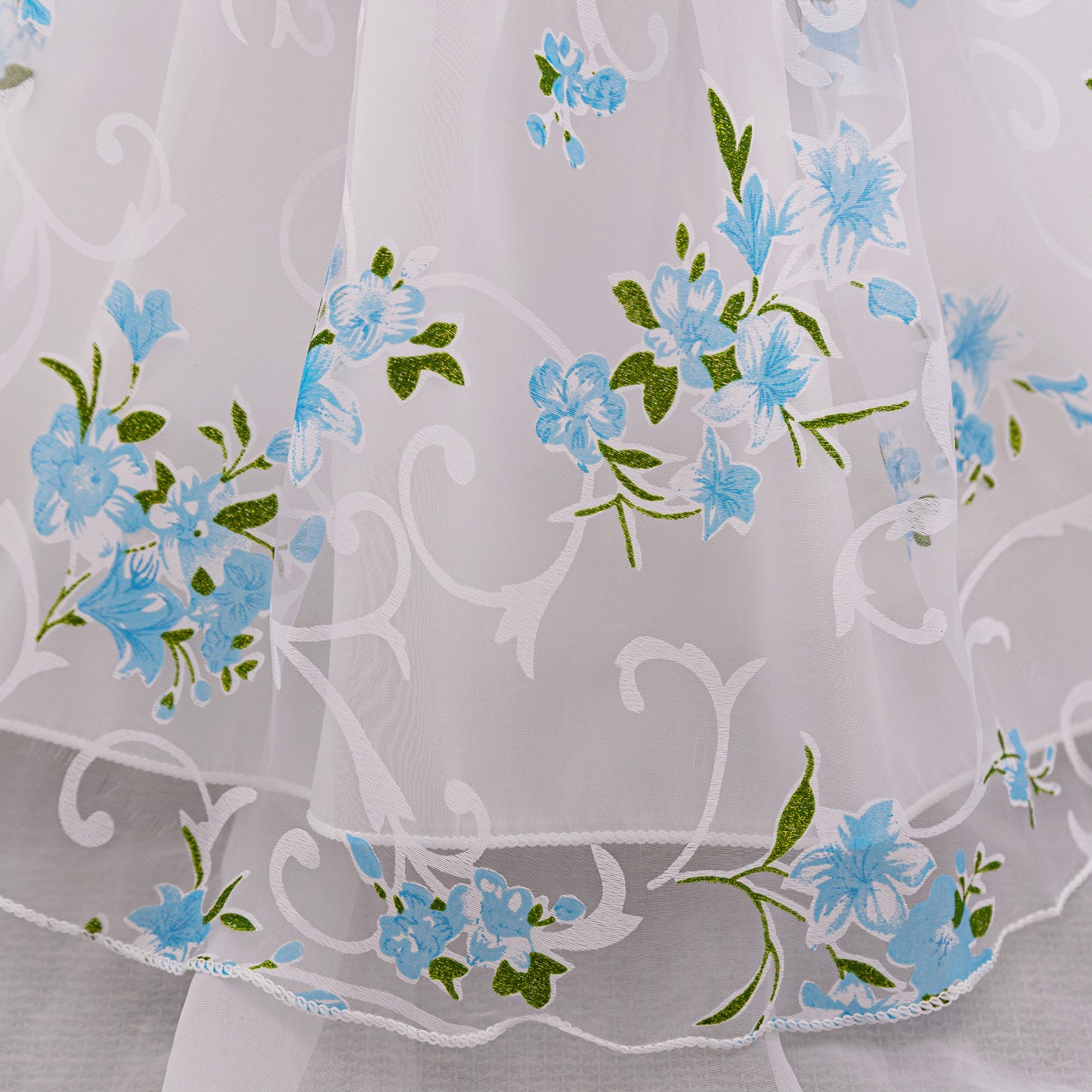 Girls White & Blue Floral Party Dress with Bow and Flower Belt – Elegant Summer Outfit