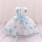 Girls White & Blue Floral Party Dress with Bow and Flower Belt – Elegant Summer Outfit