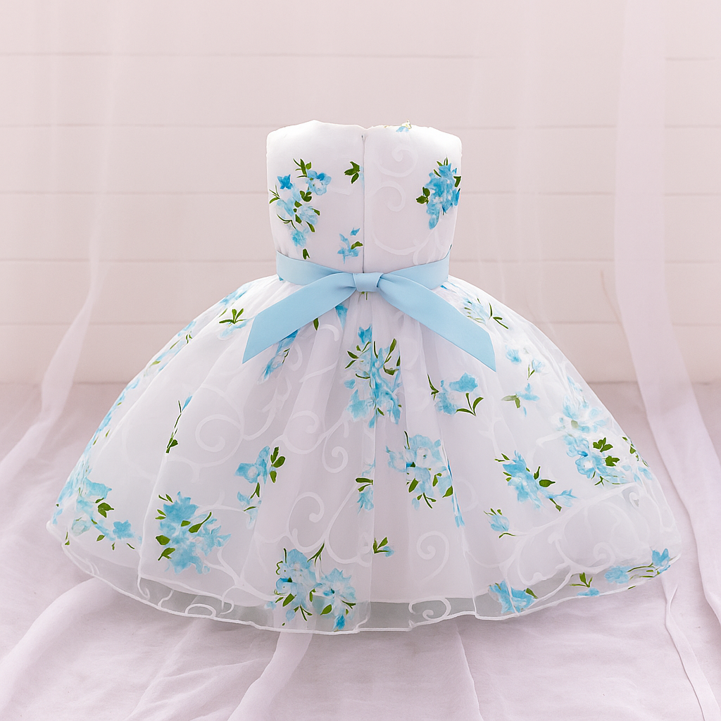 Girls White & Blue Floral Party Dress with Bow and Flower Belt – Elegant Summer Outfit