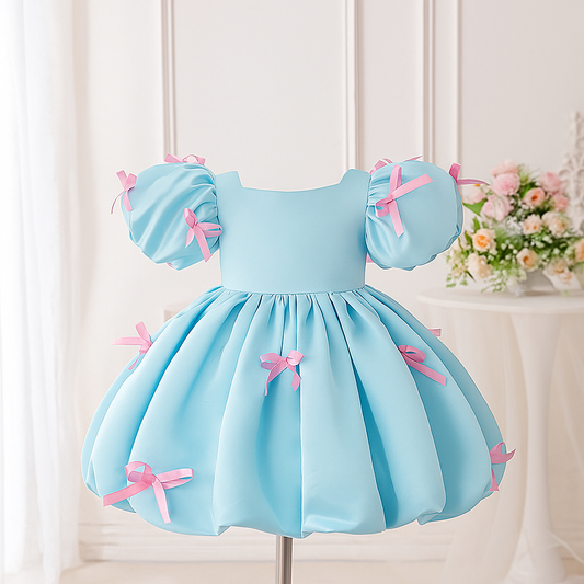 Princess Puff Sleeve Party Dress – Sky Blue with Pink Bows