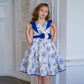 Girls Elegant Floral Party Dress with Blue Satin Accents