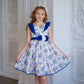 Girls Elegant Floral Party Dress with Blue Satin Accents