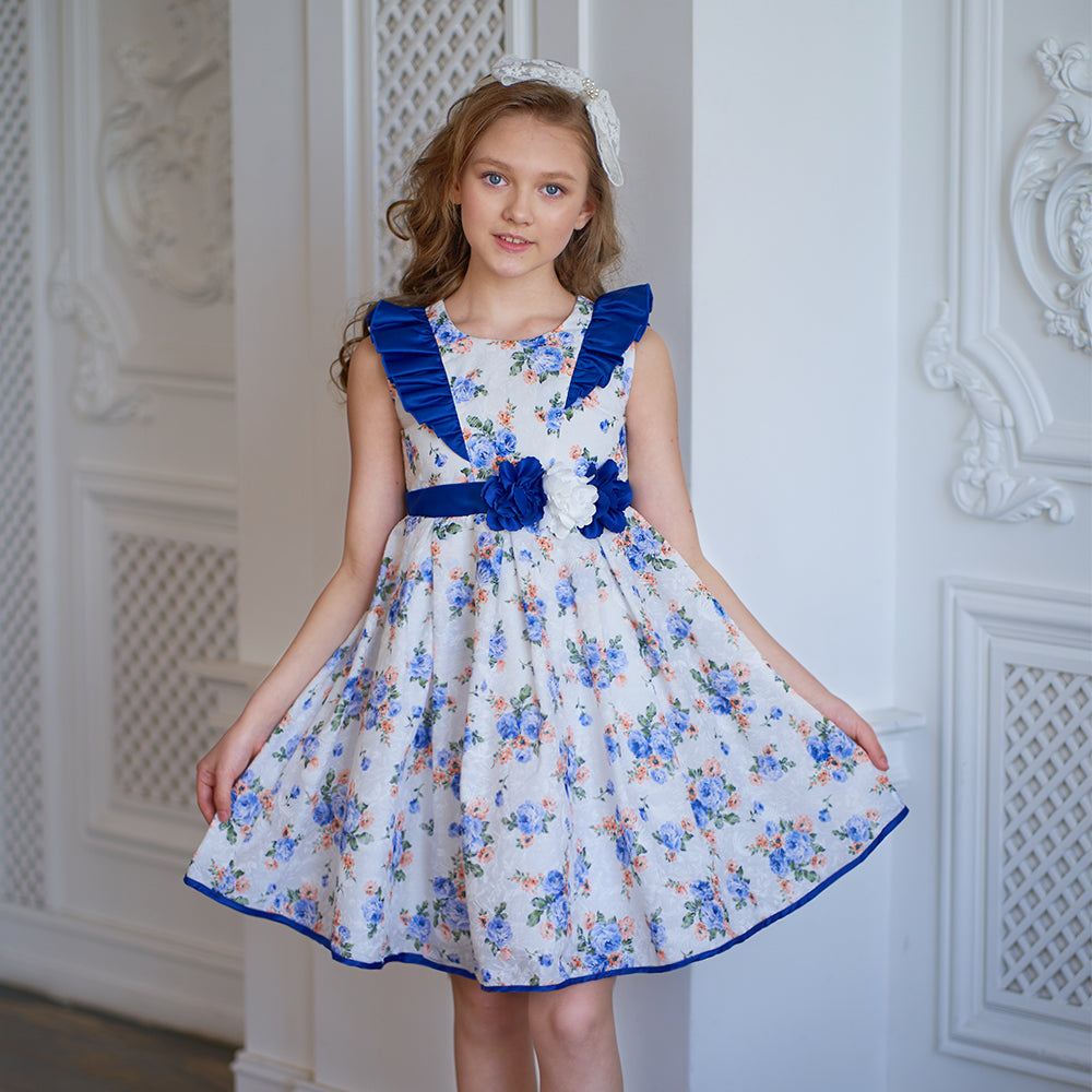 Girls Elegant Floral Party Dress with Blue Satin Accents