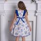 Girls Elegant Floral Party Dress with Blue Satin Accents